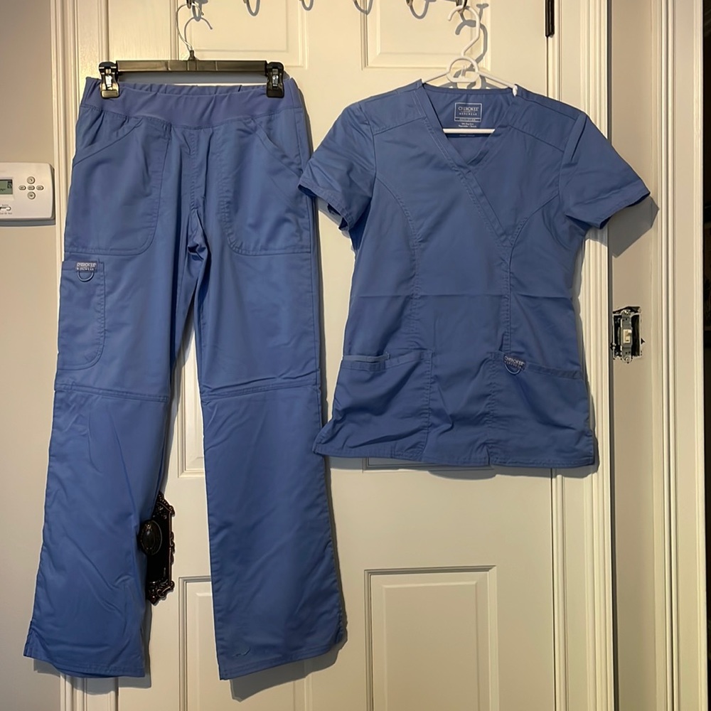 Women’s Cherokee light blue scrubs (pants and top both XS)